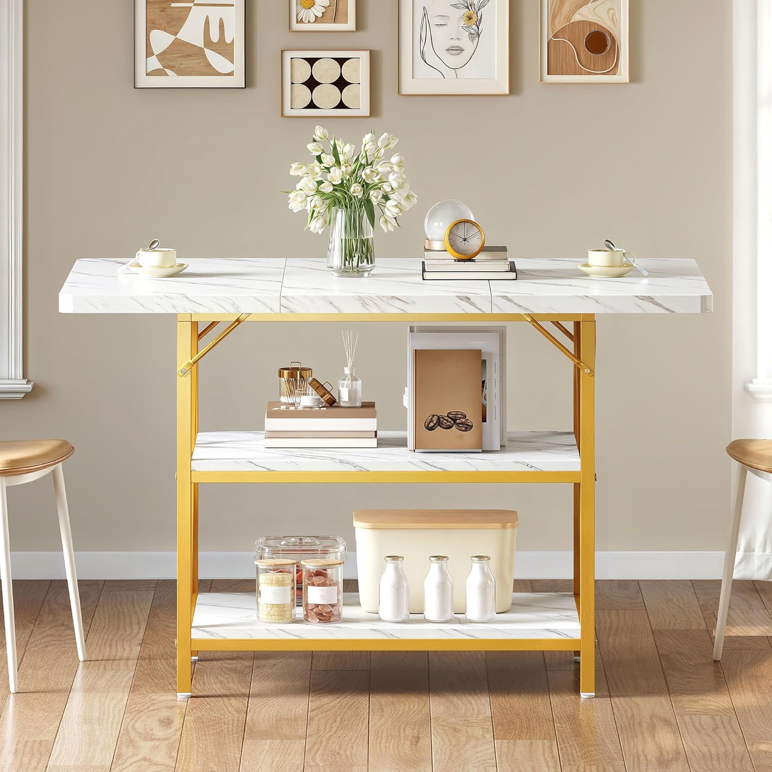 DWVO Dining Room Table 47 Inch Rectangle Dining Table for 4 People Modern Kitchen Table White Marble Dinner Table with Storage Shelf and Glod Metal Legs for Home Apartment White and Gold