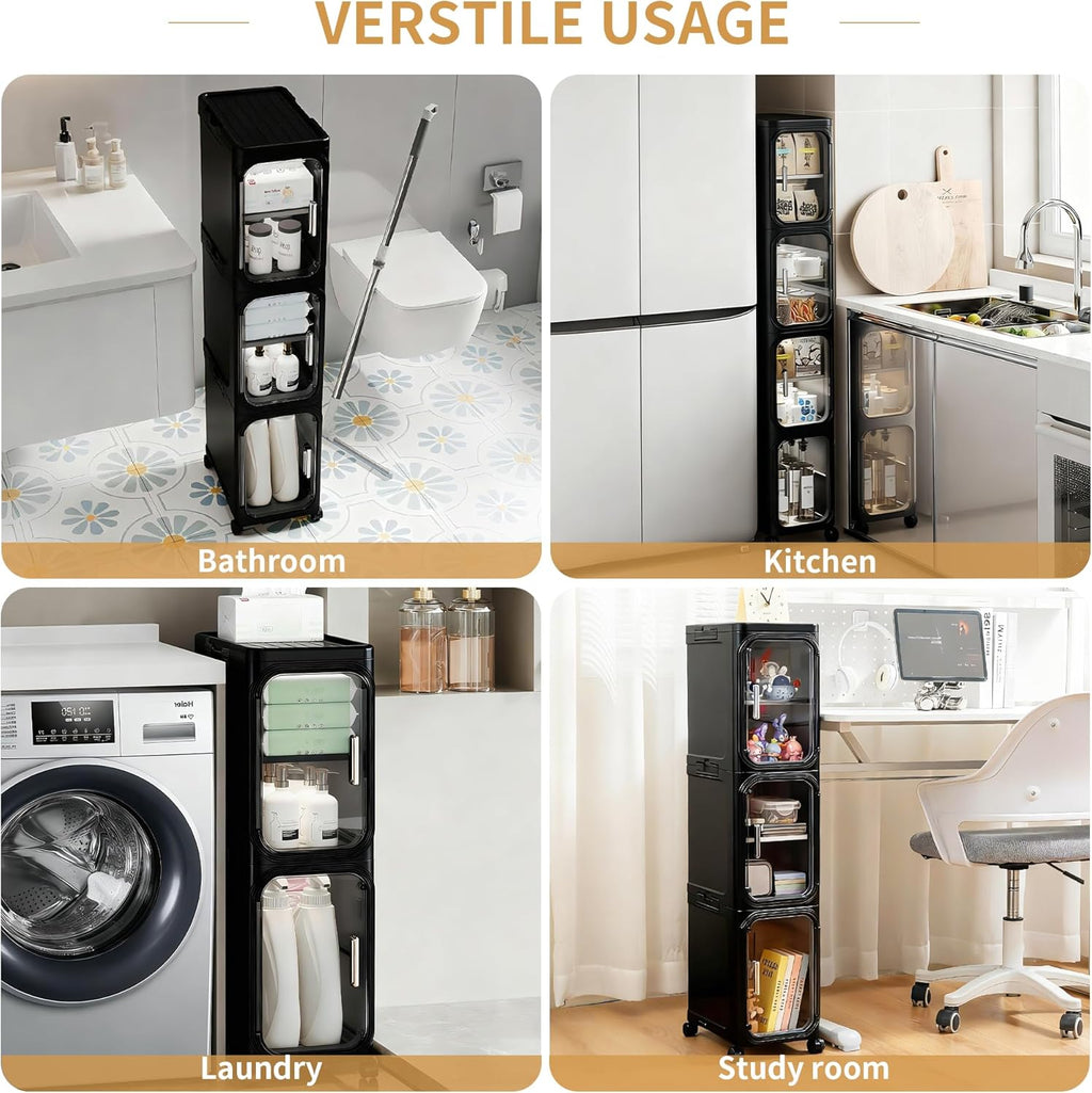 4-Tier Tall Narrow Slim Bathroom Storage Cabinet, Black | Tool Free Assembly, Adjustable shelves, Fits for Narrow Spaces, Lockable Wheels, Magnetic Clear Door
