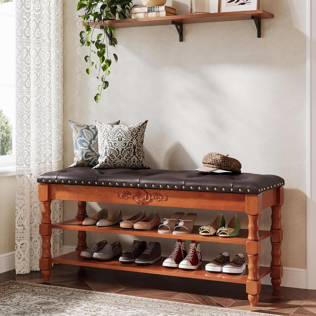 Tribesigns Solid Wood Shoe Bench with Cushion 2 Tier Lift Top, Storge Shoe Bench with Rack for Entryway, 8-10 Pair Shoe Organizer with Hidden Compartment for Hallway, Bedroom, Living Room