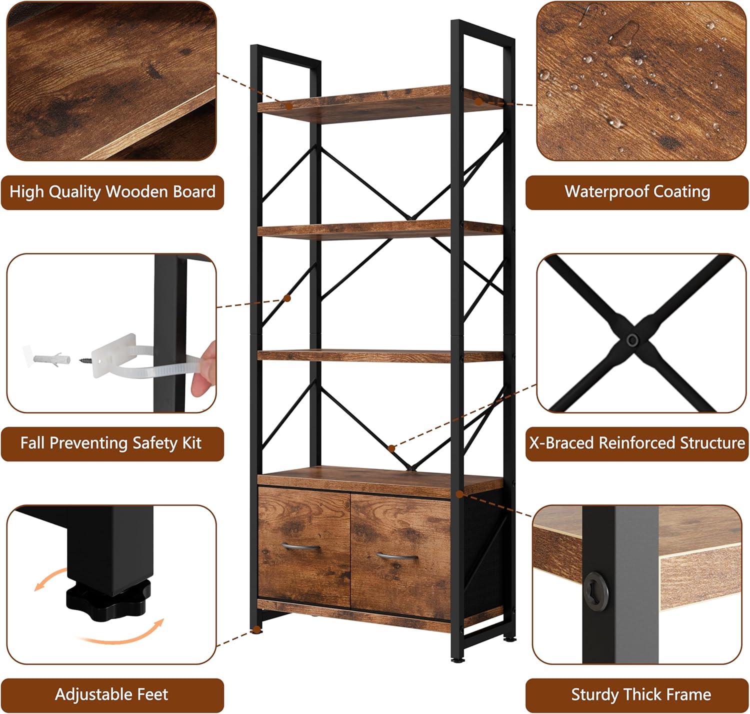 Shintenchi 5 Tier Bookshelf with Drawers, Display Standing Shelf Units, Wood and Metal Bookshelves Storage Organizer, Bookcase for Home Office Bedroom, Kitchen, Living Room, Rustic Brown