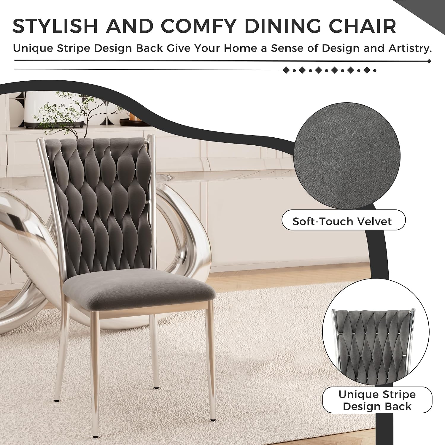 Velvet Dining Chairs Set of 4, Modern Woven Kitchen Chairs with Silver Metal Legs, Upholstered Cushion with High Back, Dirt Resistance, Easy to Install, for Living Room, Dining Room - Dark Grey