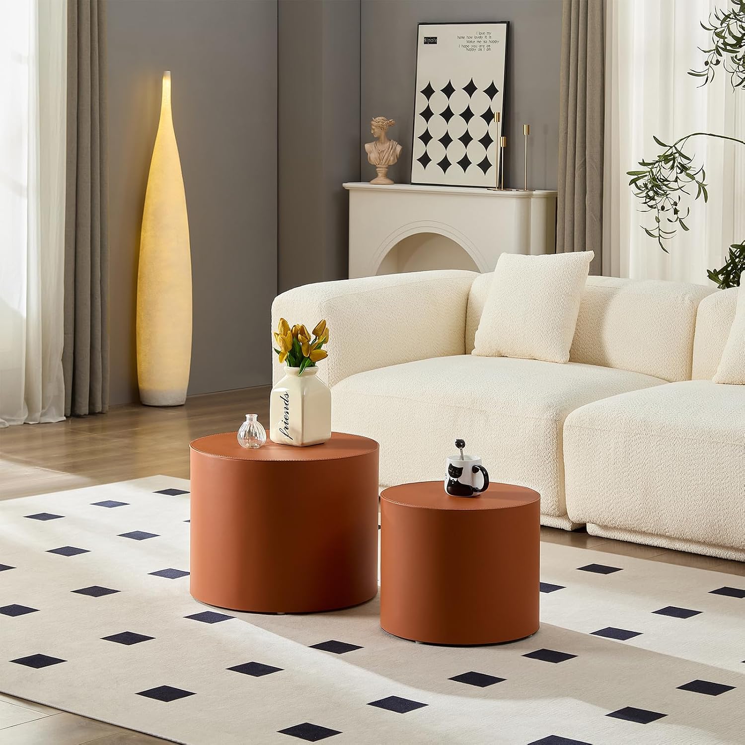 Modern Round Side Table Set of 2, MDF Core with Saddle Leather Upholstery, Cylinder Accent End Tables for Bedroom, Living Room, Apartment, Lounge, Bedside Decor, Coffee Table Use (Orange)