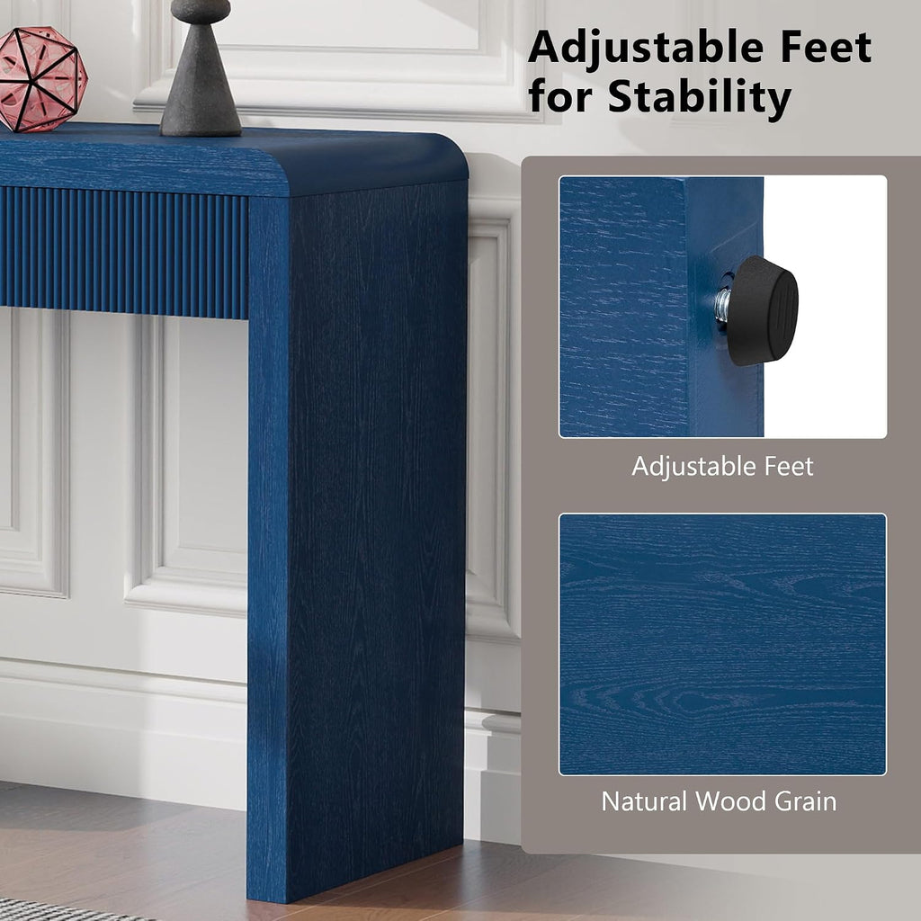 Knocbel Console Table with 3 Fluted Drawers, Rustic Sofa Tables with Solid Wood Veneer & Wood Grain for Entryway Hallway Living Room, 55.1" W x 15.8" D x 29.8" H, Navy