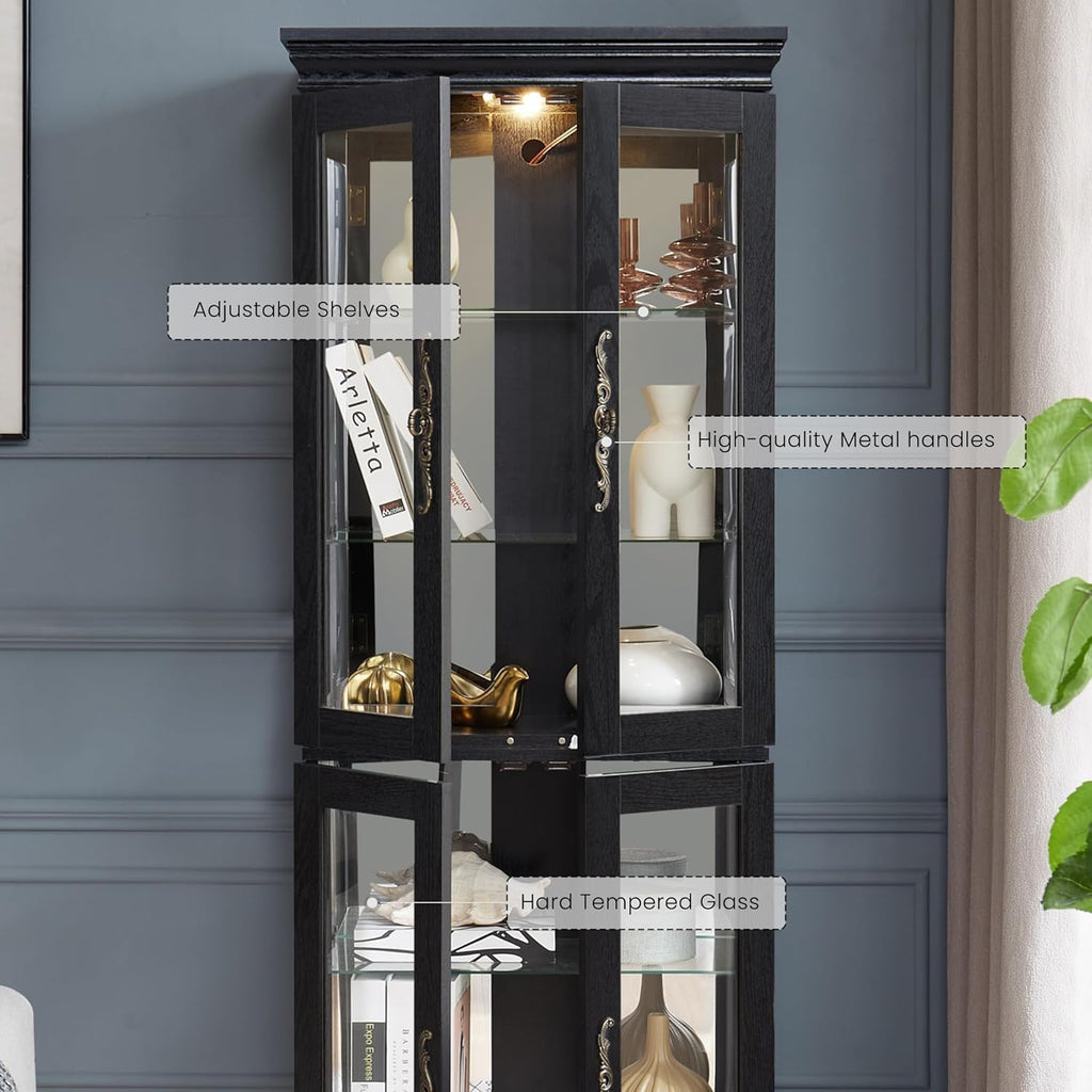 Lighted Curio Cabinet 71" Vintage Glass Display Case with Adjustable Shelves, 4 Tempered Glass Doors, Bulb Included, Wooden Square Wine Bar China Cabinet for Living Room Liquor Storage (Black)