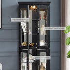 Lighted Curio Cabinet 71" Vintage Glass Display Case with Adjustable Shelves, 4 Tempered Glass Doors, Bulb Included, Wooden Square Wine Bar China Cabinet for Living Room Liquor Storage (Black)