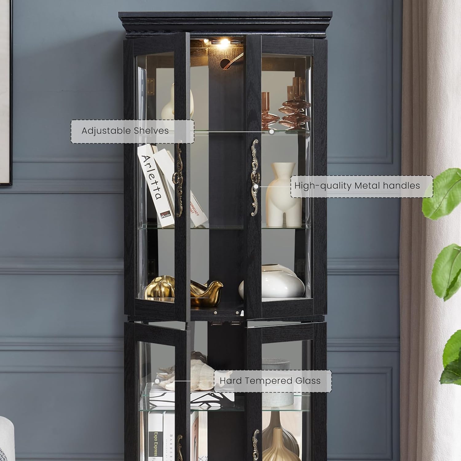 Lighted Curio Cabinet 71" Vintage Glass Display Case with Adjustable Shelves, 4 Tempered Glass Doors, Bulb Included, Wooden Square Wine Bar China Cabinet for Living Room Liquor Storage (Black)