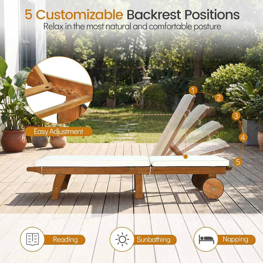 Tangkula Folding Lounge Chairs Outdoor Set of 2, Patio Eucalyptus Wood Chaise Lounge with 5-Level Adjustable Backrest & Cushions, Portable Beach Pool Sunbathing Recliner with Wheels for Outside