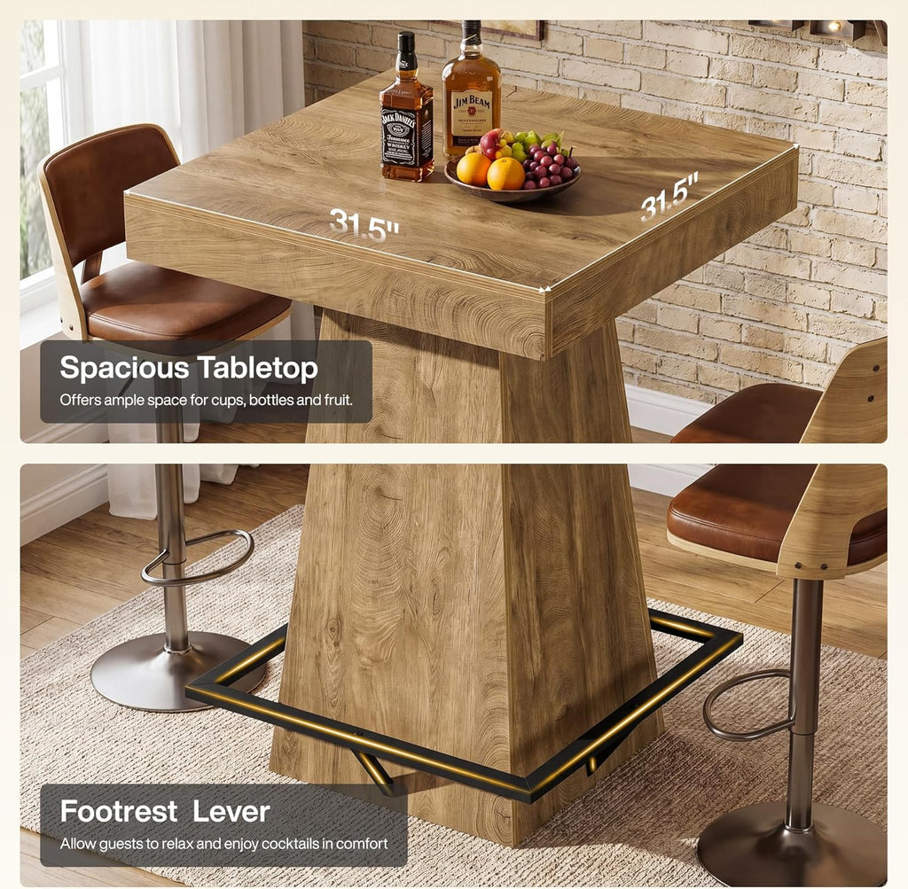 Tribesigns Square Bar Table, 37.4-Inch High Pub Table with Metal Footrest for Small Bars, Dining Room, Bistro, Kitchen, Light Brown(Only Table)
