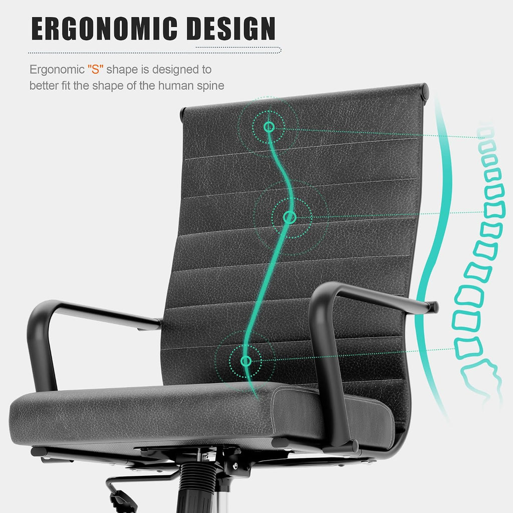 Okeysen Genuine Leather Office Chair, Mid-Century Modern Real Leather Conference Room Chairs, Ergonomic Executive Ribbed Height Adjustable Swivel Rolling Desk Chair for Home Office.