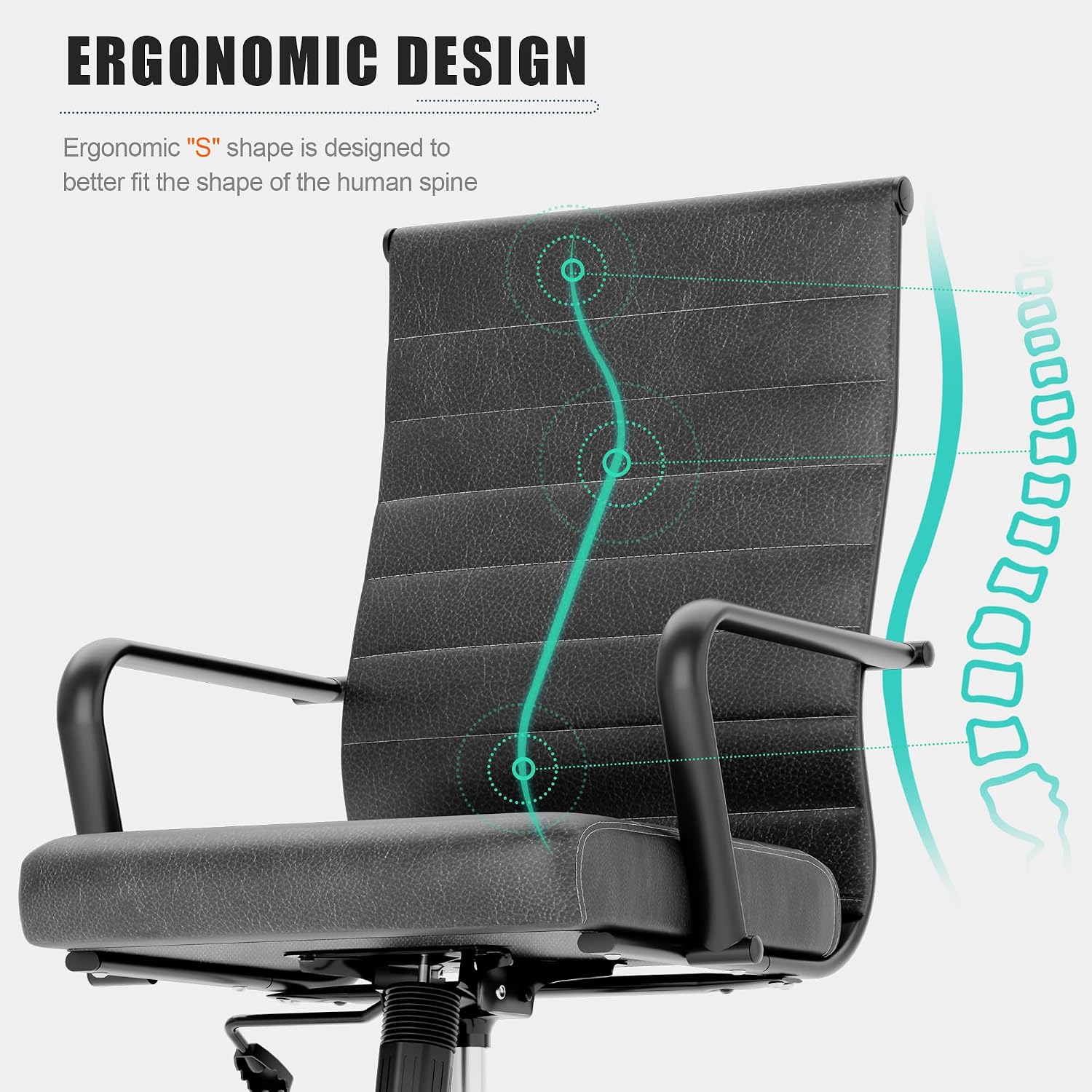 Okeysen Genuine Leather Office Chair, Mid-Century Modern Real Leather Conference Room Chairs, Ergonomic Executive Ribbed Height Adjustable Swivel Rolling Desk Chair for Home Office.