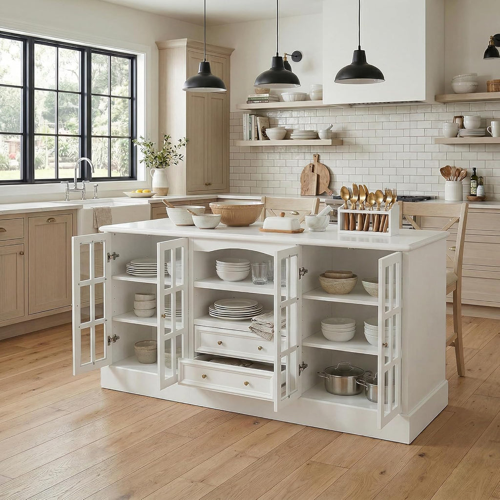 WOODTIME 78.7" W Kitchen Island with 4 Glass Doors, 8 Shelves & 2 Drawers, Farmhouse Kitchen Prep Table Stationery Storage Cabinet with Spacious Countertop & Vintage Handles for Dining Room, White