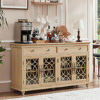Joaxswe Farmhouse Sideboard Buffet Cabinet with Storage,59" Large Credenza with 4 Glass Doors & 2 Drawers,Adjustable Shelves Console Table,Wood Kitchen Coffee Bar for Dining Room,Living Room,Natural