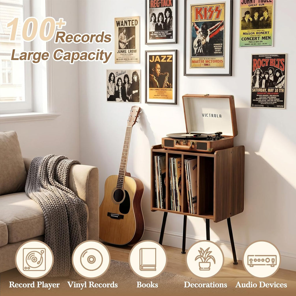Faesun Record Player Stand, Record Table with 4 Cabinets Up to 100 Albums, Mid Century Modern Record Stand, Vinyl Record Storage for Living Room, Bedroom, Walnut