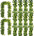 Eucalyptus Garland 4 Pack, Artificial Greenery | Faux silver dollar eucalyptus for small wedding tables, mantels and showers; flexible, reusable and easy to arrange