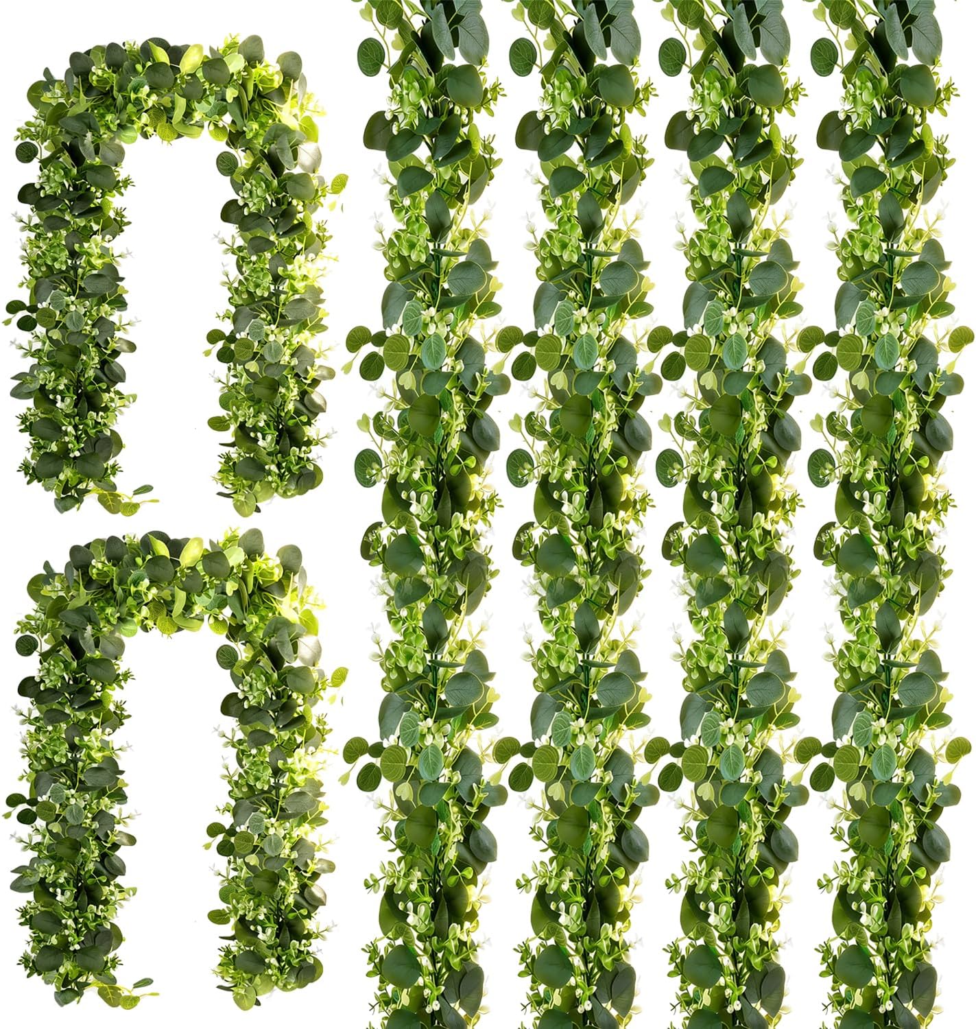 Eucalyptus Garland 4 Pack, Artificial Greenery | Faux silver dollar eucalyptus for small wedding tables, mantels and showers; flexible, reusable and easy to arrange