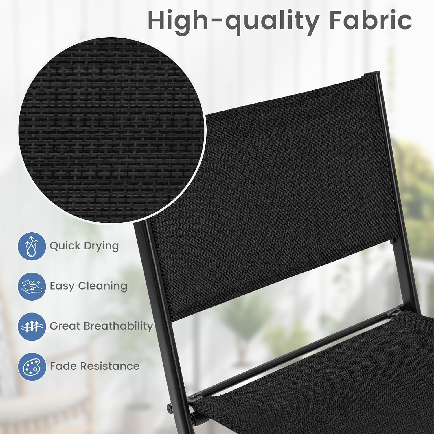 Tangkula Outdoor Barstools Set of 2, Counter Height Folding Bar Chairs with Back and Footrest, Versatile Patio Dining Chairs with Breathable Fabric & Heavy-Duty Metal Frame (2, Black)