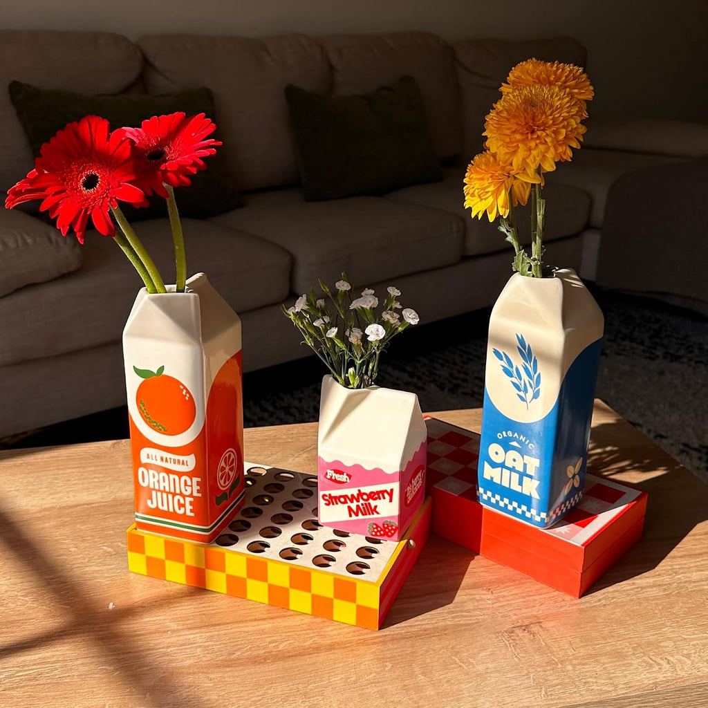 ban.do Ceramic Petite Carton Shape Vase, Strawberry Milk | Retro Inspired Decorative Mini Vase, Unique Food Theme Pink Home, Kitchen, and Bookshelf Decor