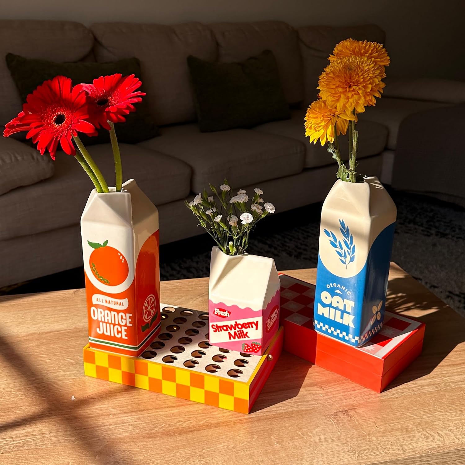 ban.do Ceramic Petite Carton Shape Vase, Strawberry Milk | Retro Inspired Decorative Mini Vase, Unique Food Theme Pink Home, Kitchen, and Bookshelf Decor
