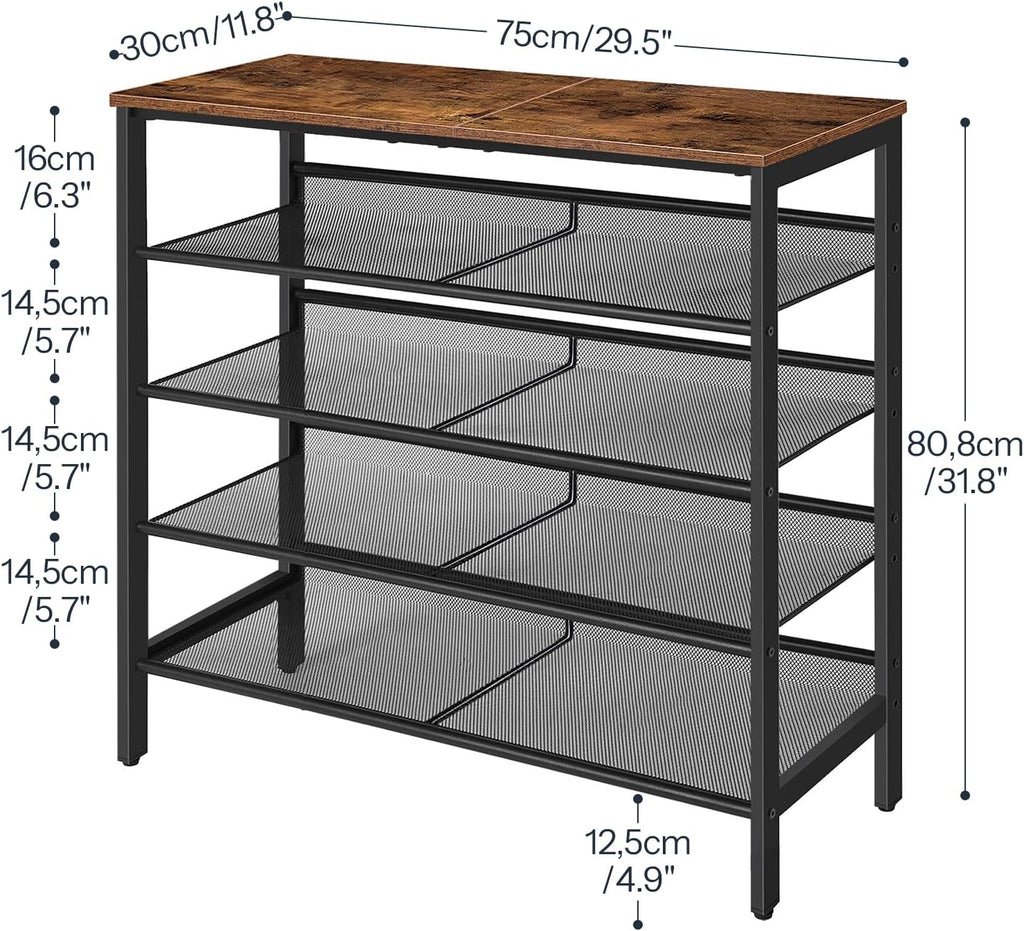 HOOBRO Shoe Rack for Entryway, 5-Tier Shoe Organizer with Adjustable Mesh Shelves, 16-20 Pairs of Shoes, Spacious Floor Mount, Metal, Industrial, Shoe Shelf for Closet, Rustic Brown BF12XJ01