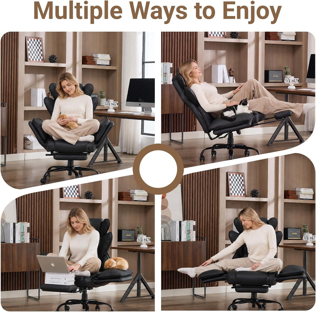 Big and Tall Office Chair with Flip Armrests for Pets and Cross Legged Sitting, Reclining Ergonomic Computer Desk Chair with Foot Rest, Wide Seat PU Leather Executive Chair, 135° Recline Silent Wheels