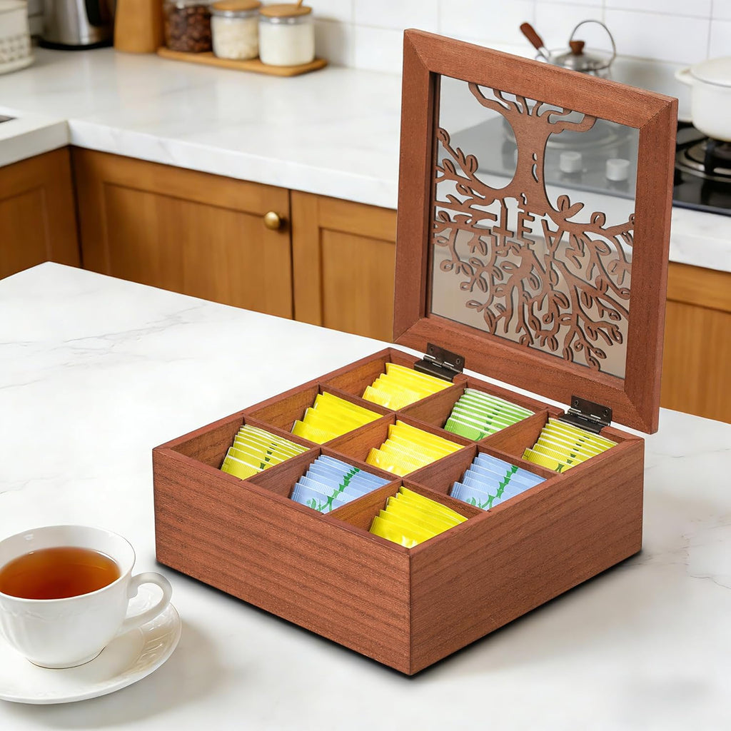 Wood Tea Box Organizer,Tea Organizers and Storage with Tree Pattern,Tea Bag Holder,Decorative Tea Storage Organizer Box,9 Compartments Tea Organizer for Tea Bags Coffee