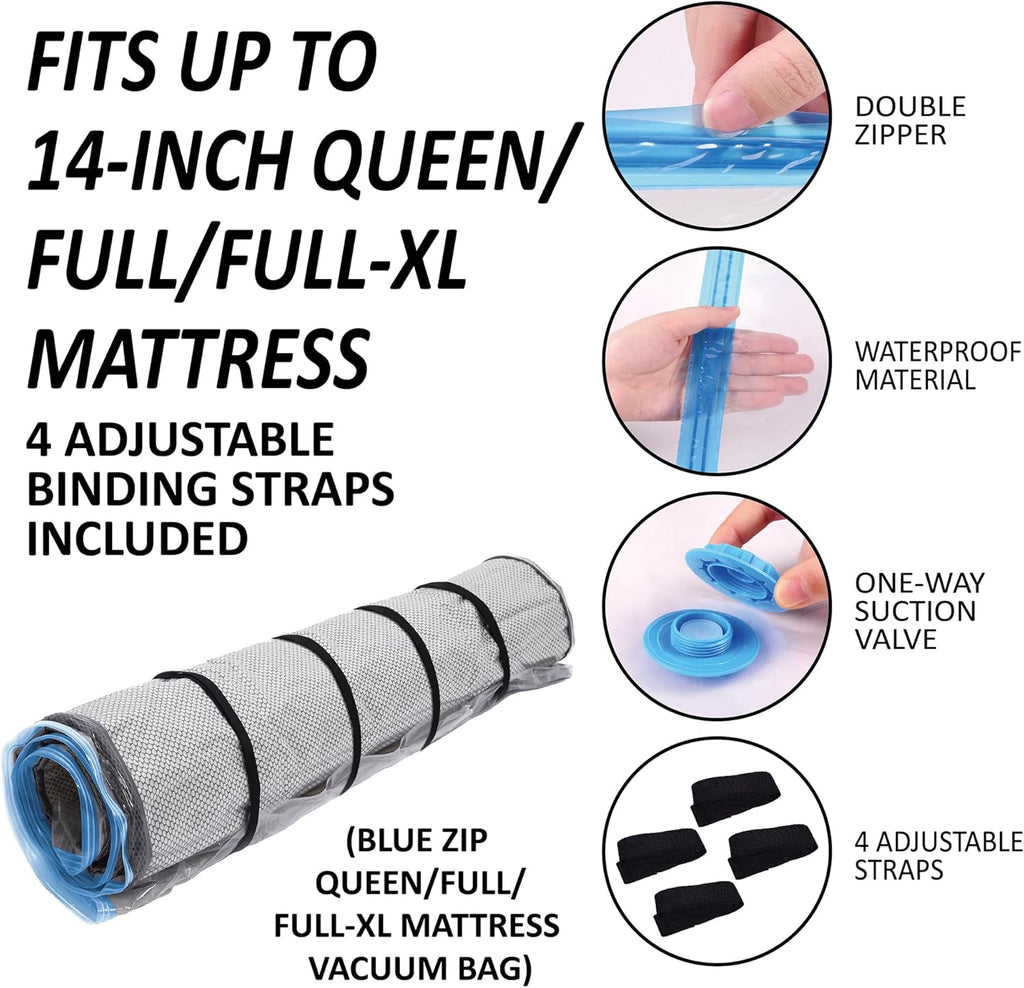 Storage Logic Foam Mattress Vacuum Bag with Blue Zipper, Mattress Storage Bag, Straps Included, Queen/Full/Full-XL