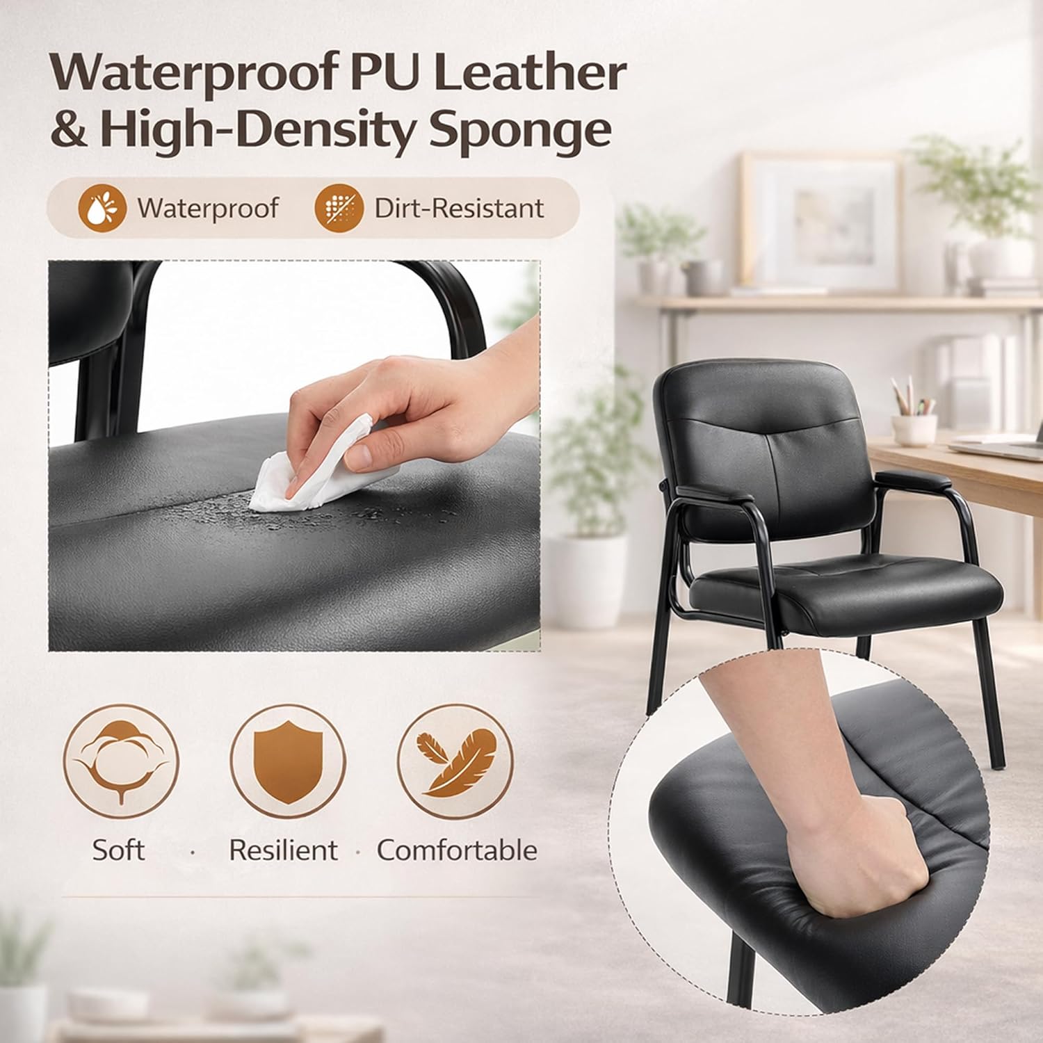 Leather Waiting Room Chair No Wheels, Office Guest Reception Seating with Padded Arms, Stationary Conference Table Chair for Lobby Clinic Home Desk Bedroom, Comfortable Dining Kitchen Armchair, Inky