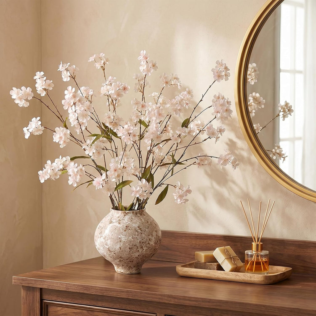 44" Artificial Cherry Blossom Branches for Vase - 4 PCS Faux Long Cherry Blossom Stems, Lifelike Fake Silk Flowers for DIY Arrangements, Table Centerpiece, Office, Home, Farmhouse Decorations (Cream)