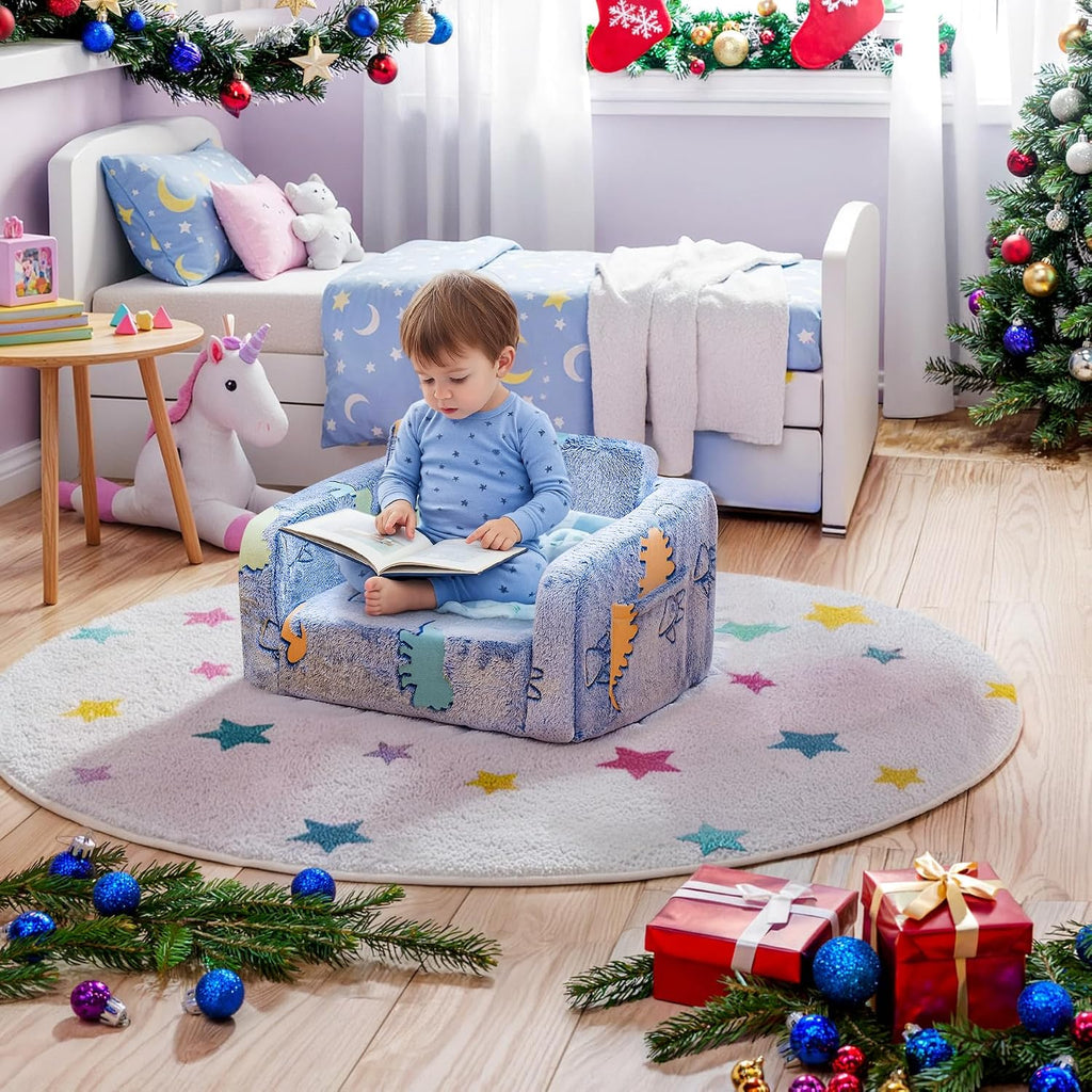 Lamerge 2-in-1 Soft Toddler Couch Fold Out,Foldable Toddler Chair, Glow in The Dark Kids Sofa for playroom,Convertible Foam and Floor Cushion for Boys and Girls (Blue and Dinosaur)
