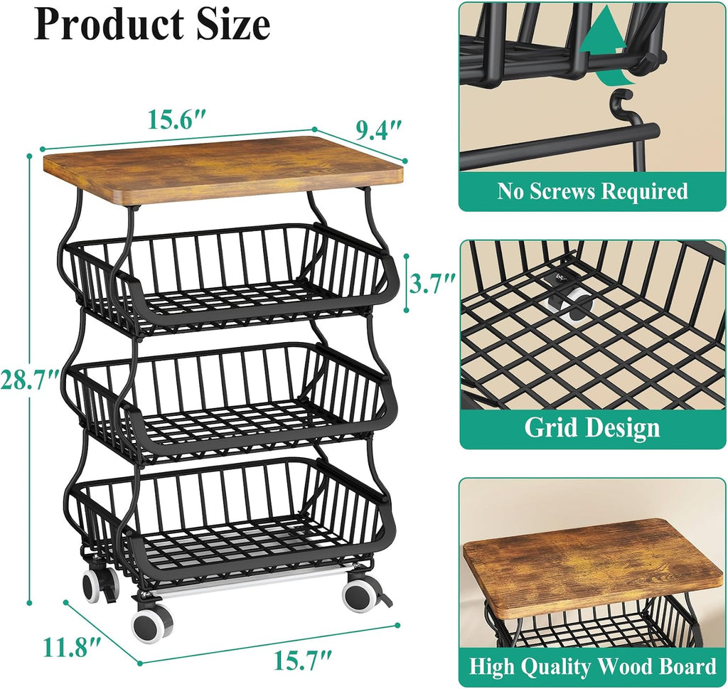 SAYZH 4-Tier Fruit and Vegetable Basket Stand for Kitchen, Wood Top, Black | Stackable Vegetable Storage Baskets with Wheel, Metal Wire Storage Carts for Onion, Potato and Snacks