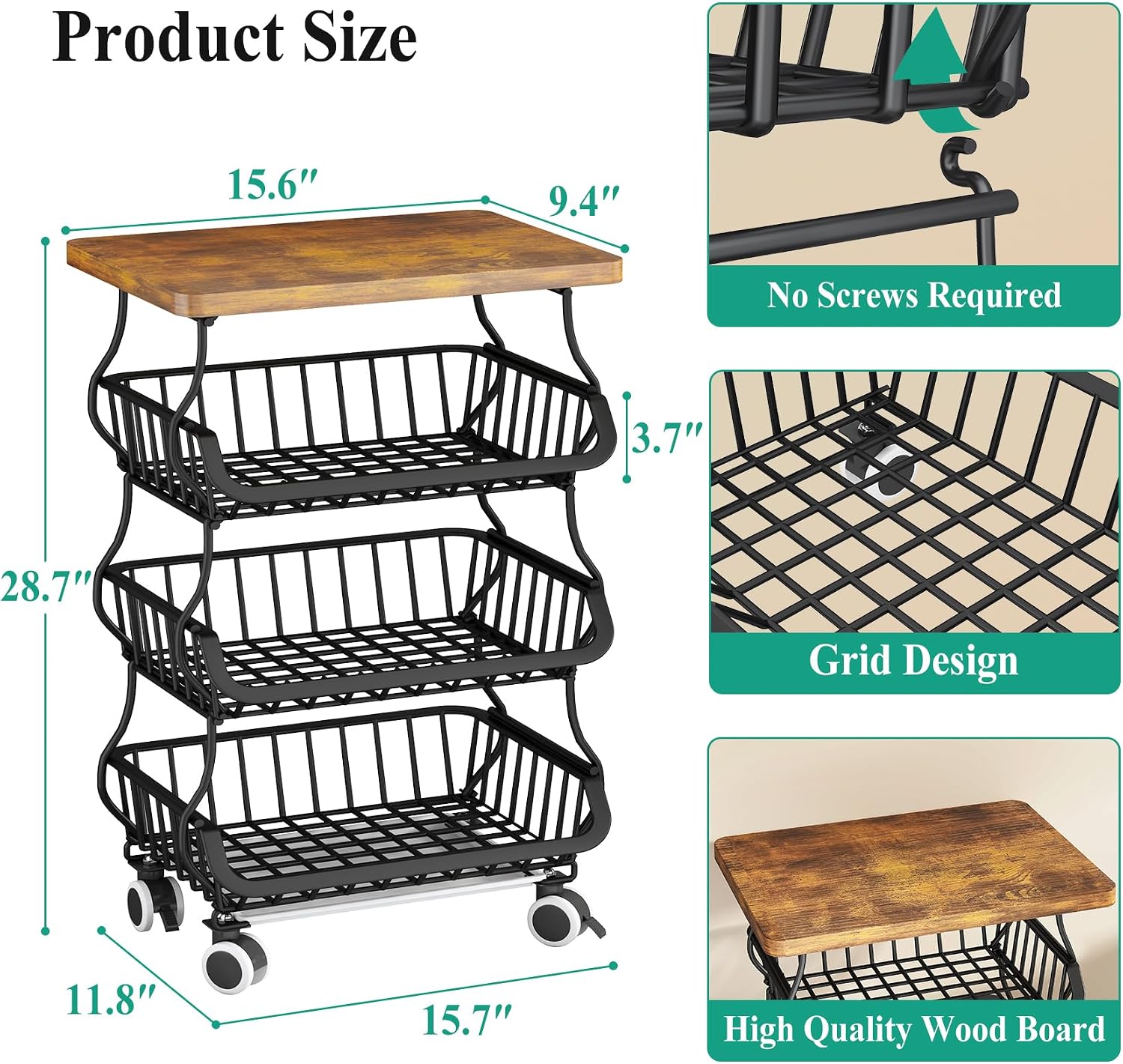 SAYZH 4-Tier Fruit and Vegetable Basket Stand for Kitchen, Wood Top, Black | Stackable Vegetable Storage Baskets with Wheel, Metal Wire Storage Carts for Onion, Potato and Snacks