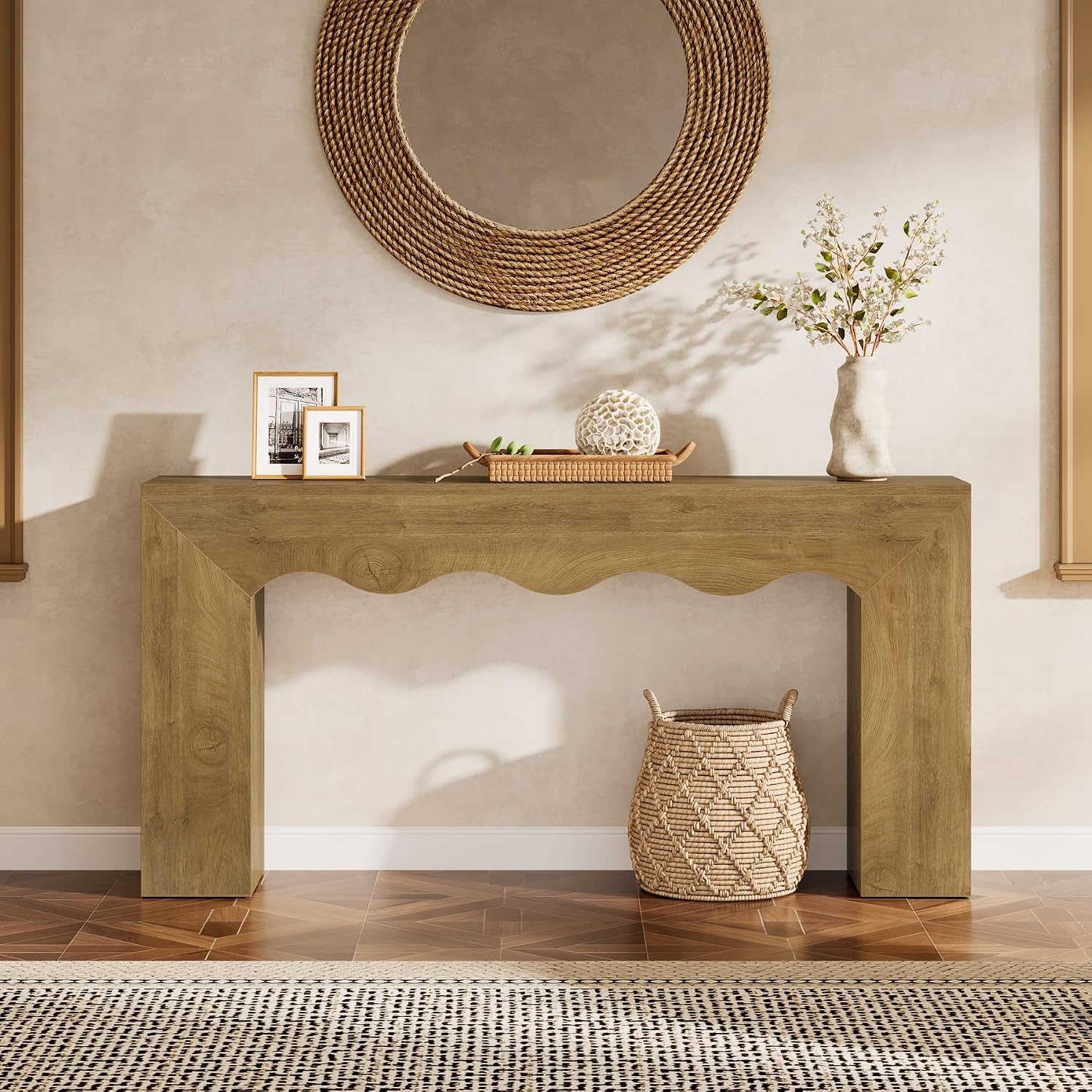 Tribesigns 63" Farmhouse Console Table, Wooden Couch Table Behind Sofa with Storage, Long Entryway Sofa Station, Narrow Console Stand with Base, Hallway Stand for Entryway (1, Light Brown)