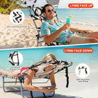 Tanning Chair with Face Hole for Adults, Outdoor Folding Lounge Chair with Canopy and Side Table for Phone Drink Tablet, 4 Position Adjustable Backrest, Lay Flat Chaise Lounger for Beach Patio Pool