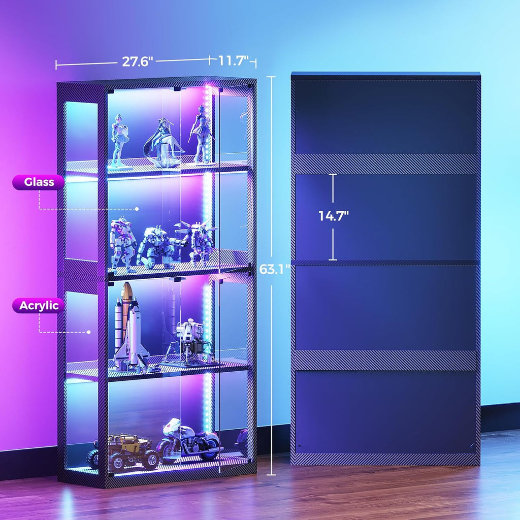 AODK Glass Display Cabinet with Glass Doors, 4-Tier Display Case with RGB Lights, Glass Cabinet Shelf for Collectibles and Storage, Black Curio Cabinet for Gaming Room