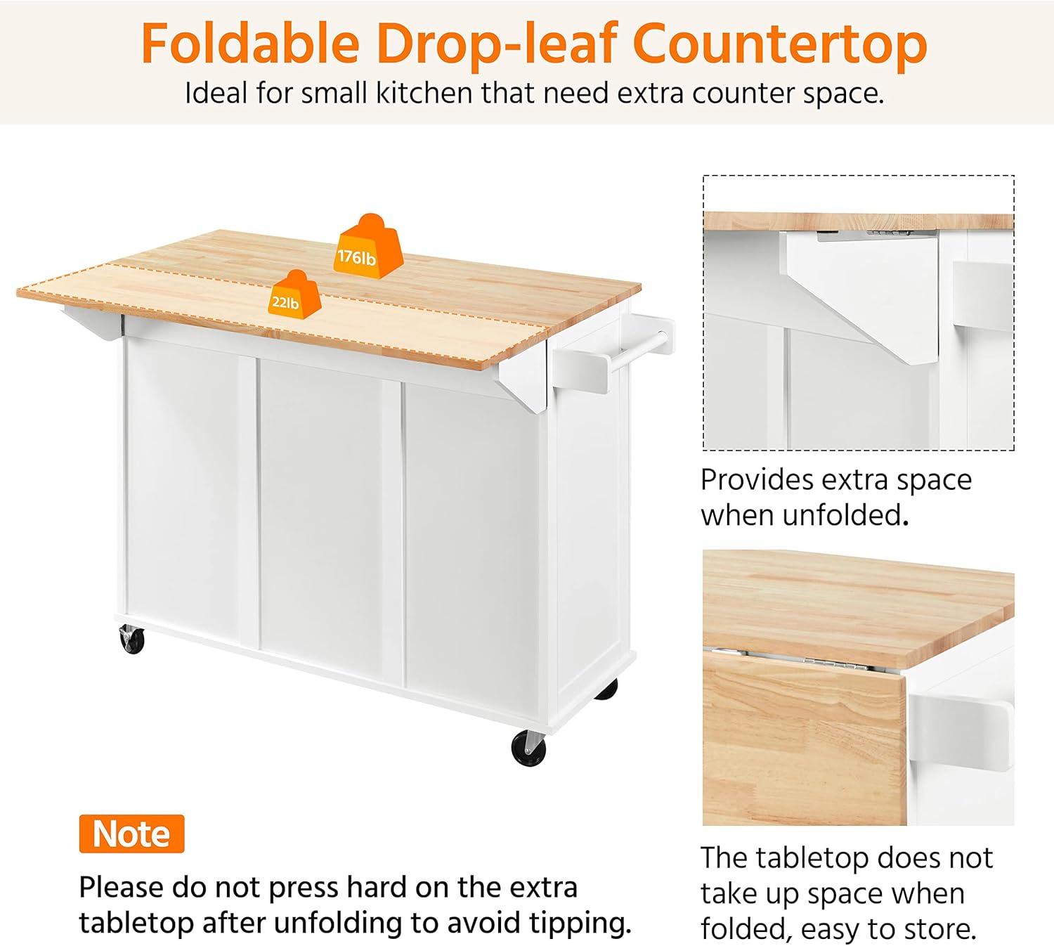 Yaheetech Kitchen Island with Drop-Leaf Breakfast Bar, 53" Width Kitchen Cart on 5 Universal Wheels with Rubberwood Top, Storage Cabinet, 3 Drawers, and Spice Rack for Dining Room, White