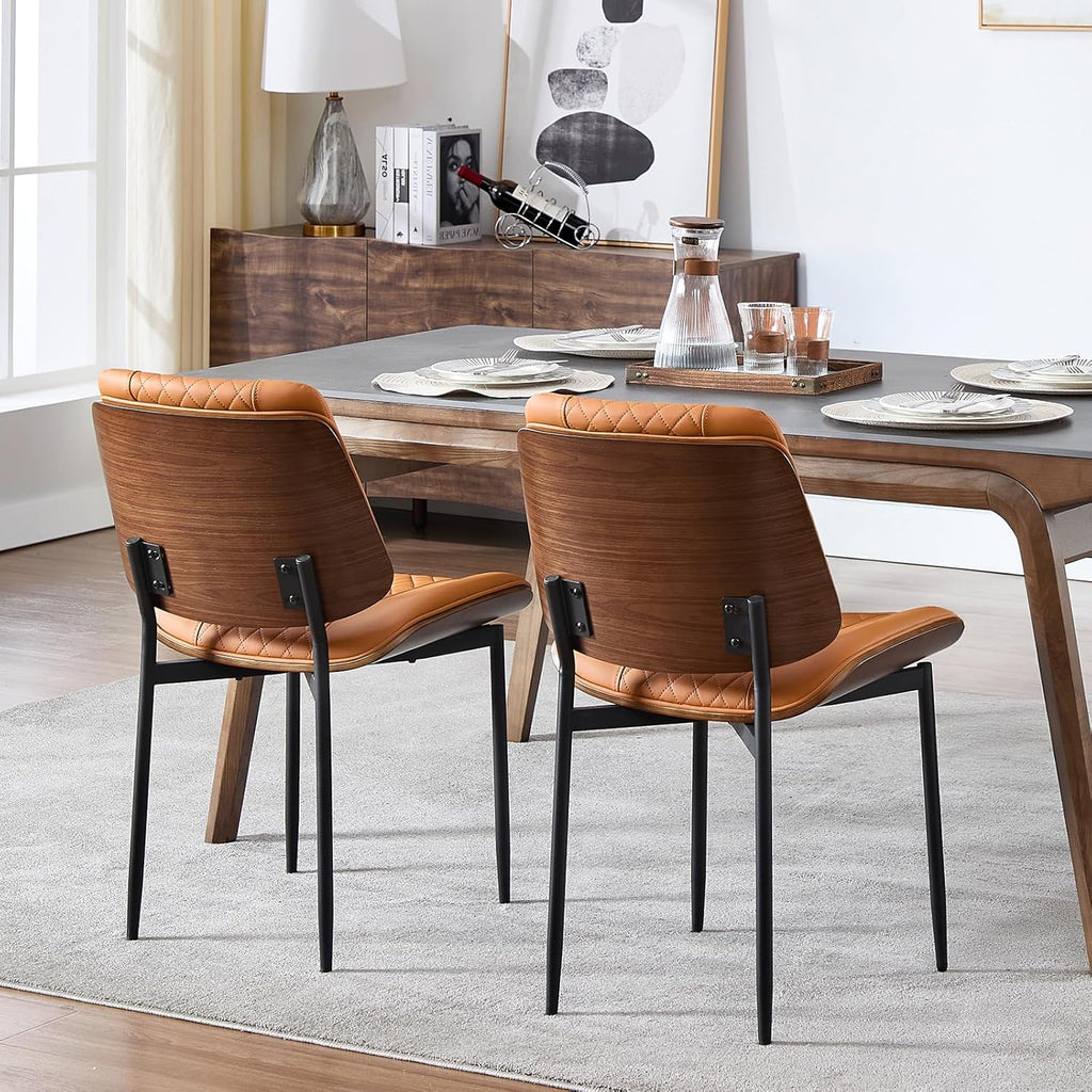 Set of 4 Dining Chairs, PU Leather Armless Kitchen Chairs with Curved Walnut Style, Mid Century Modern Bentwood Side Chairs, Metal Legs Retro Accent Seating for Dining Room Kitchen(Brown)