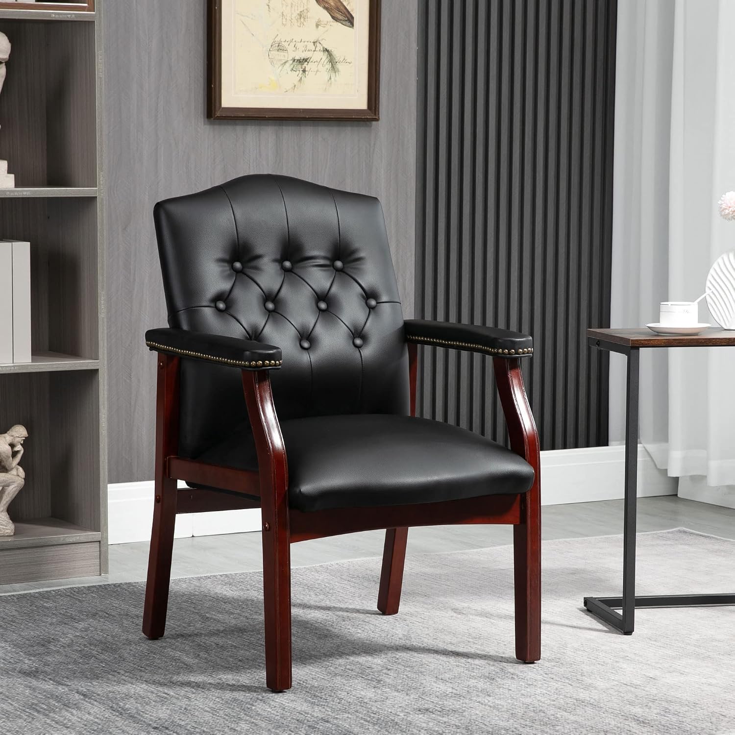 Leather Office Reception Guest Chairs, Ergonomic Office Executive Side Chair, Mid-Back Waiting Room Conference Office Guest Lobby Chairs with Padded Seat and Arms,No Wheels,1 PC(Black)