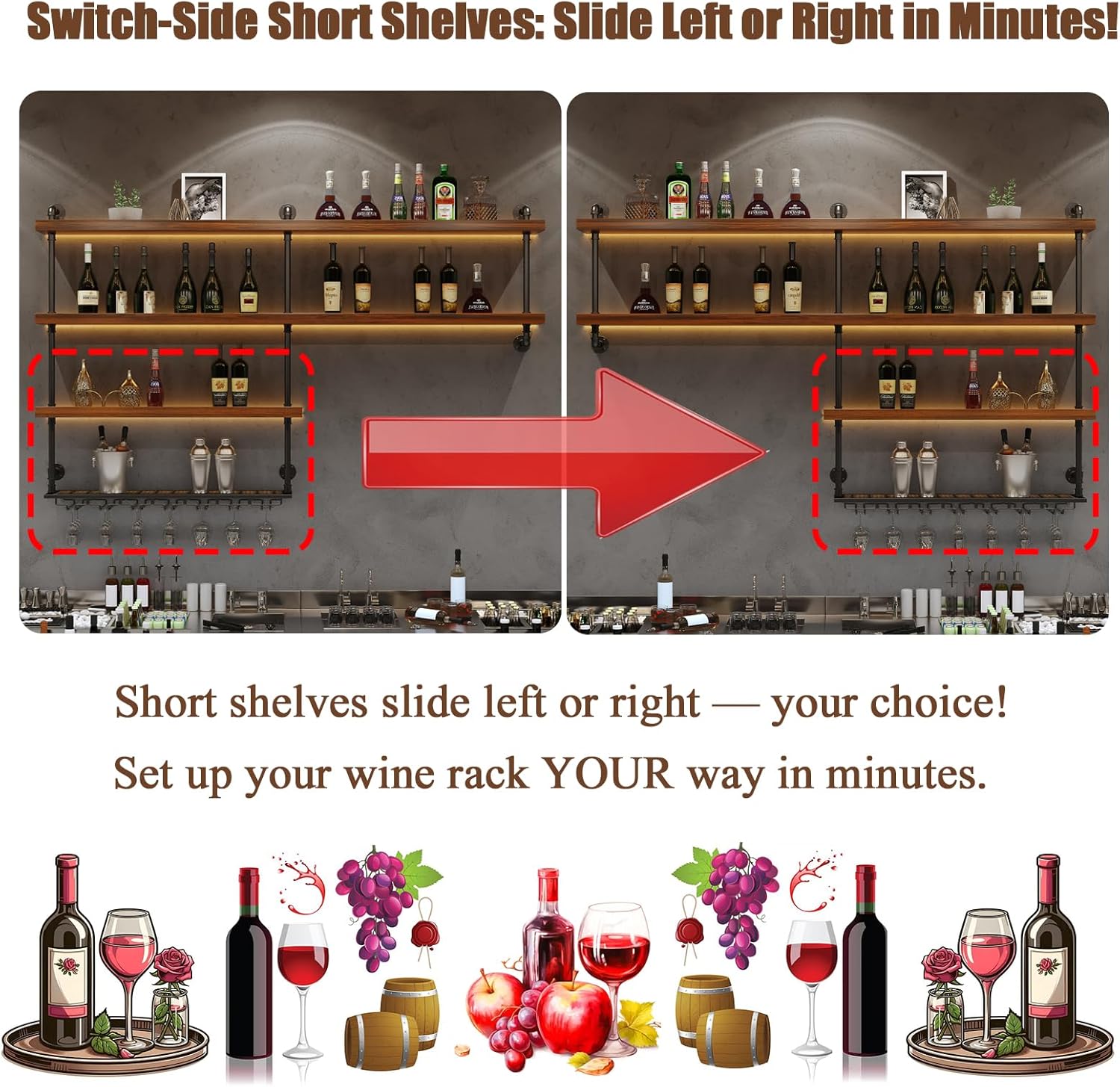 Solid Wood Wall Mounted Wine Rack, Large Wine Rack with LED Light, 4 Tiers Liquor Bottles Floating Shelves with Glass Holder, Industrial Bar Shelves for Home Bar Dining Room(78.7 in/ 200CM)