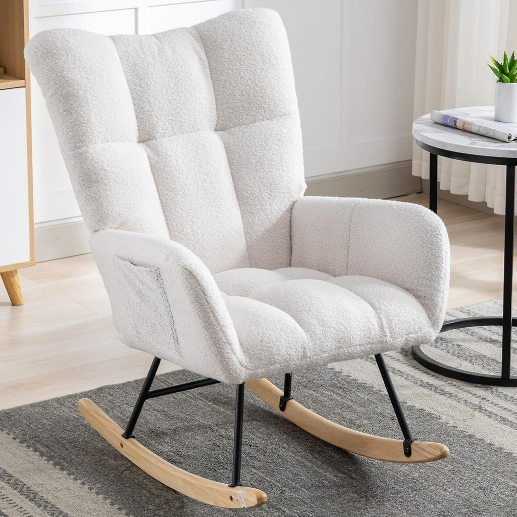 Rocking Chair Nursery, Teddy Upholstered Glider Rocker with High Backrest, Reading Chair Modern Rocking Accent Chairs Glider Recliner for Living Room, Nursery, Bedroom,White