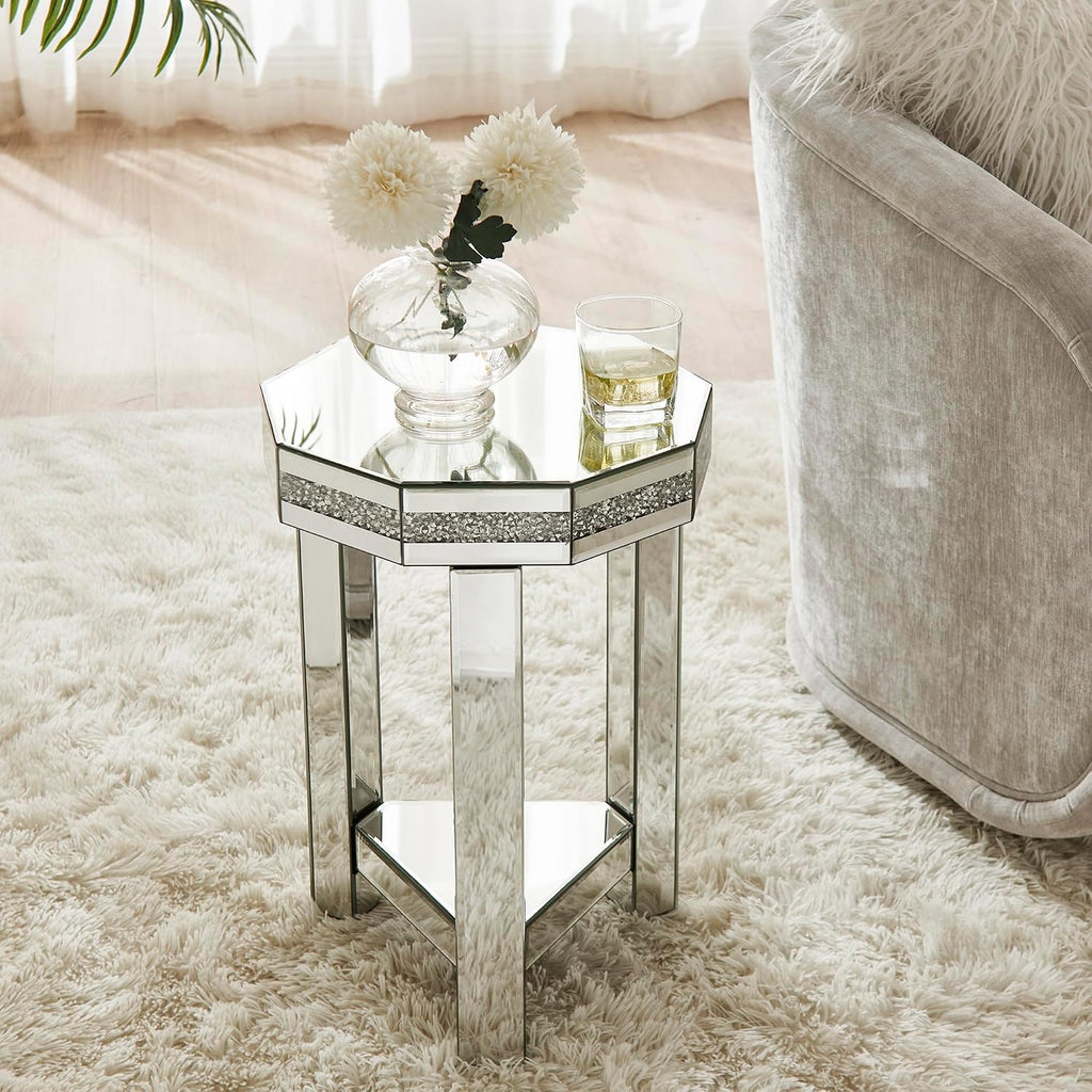 IKIFLY Mirrored End Table with 2-Tier, Crushed Diamond Nightstand with Octagonal Tabletop, Silver Accent Beside Table with Storage for Living Room, Bedroom and Office