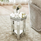 IKIFLY Mirrored End Table with 2-Tier, Crushed Diamond Nightstand with Octagonal Tabletop, Silver Accent Beside Table with Storage for Living Room, Bedroom and Office