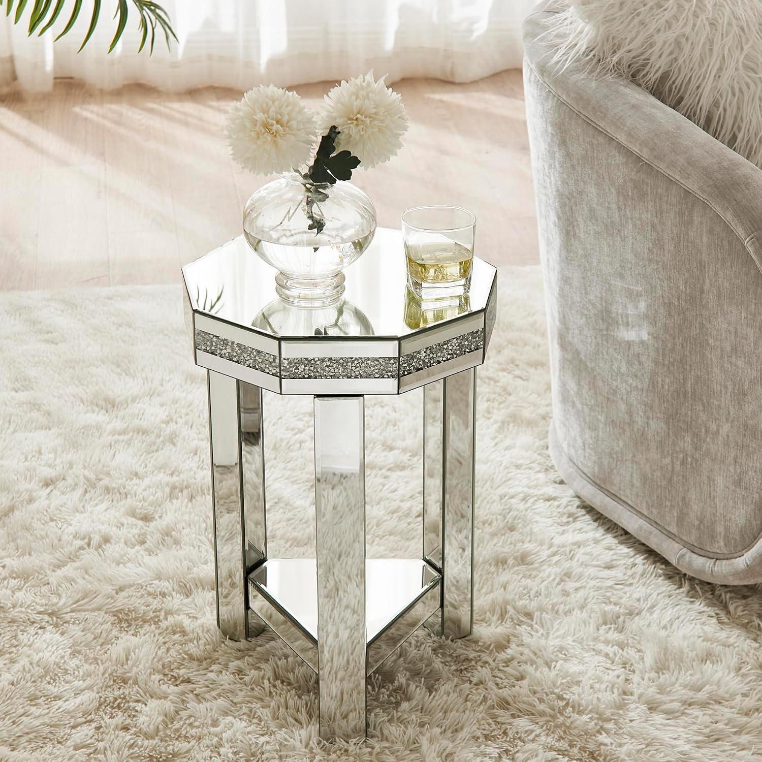 IKIFLY Mirrored End Table with 2-Tier, Crushed Diamond Nightstand with Octagonal Tabletop, Silver Accent Beside Table with Storage for Living Room, Bedroom and Office