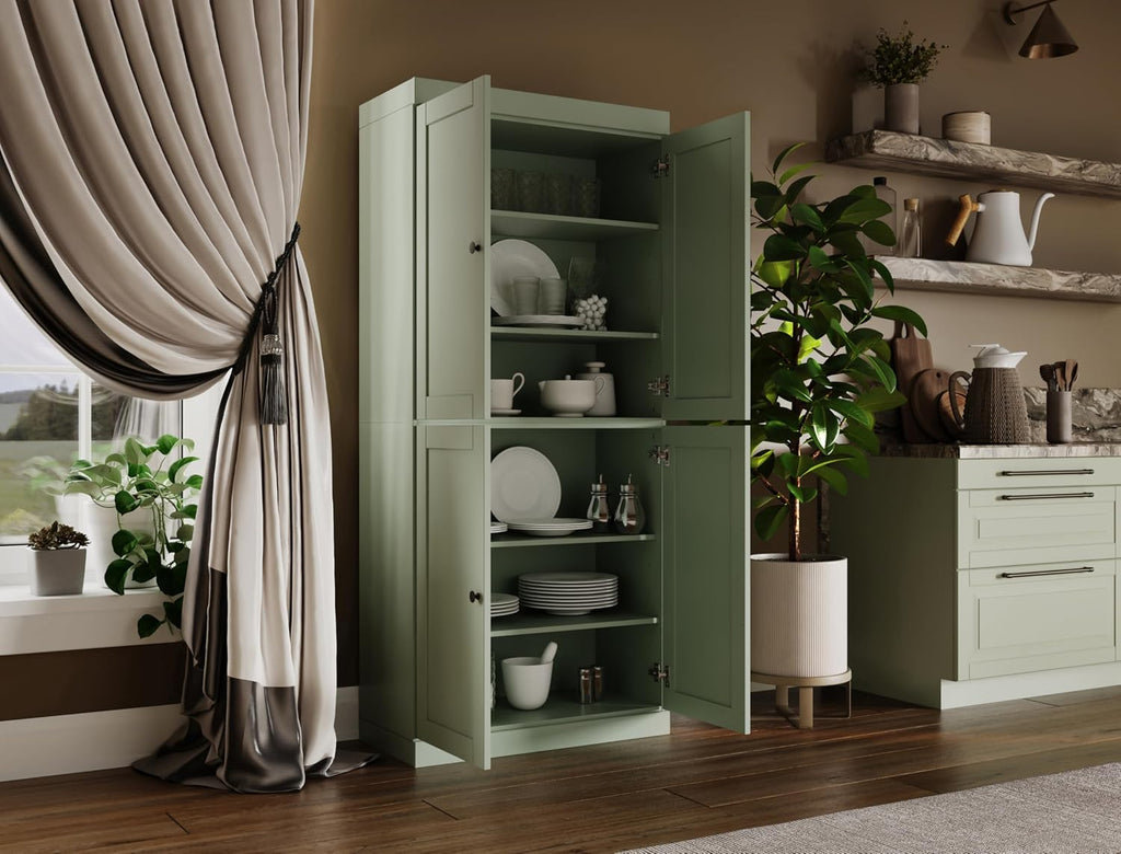 Palace Imports Solid Wood Kitchen Pantry Cabinet - 71.5" Tall x 32" Wide - Wooden Storage Cabinet with 4 Shaker Doors & 4 Adjustable Shelves, Sage, 100% Renewable Eco-Friendly Wood, Made in Brazil