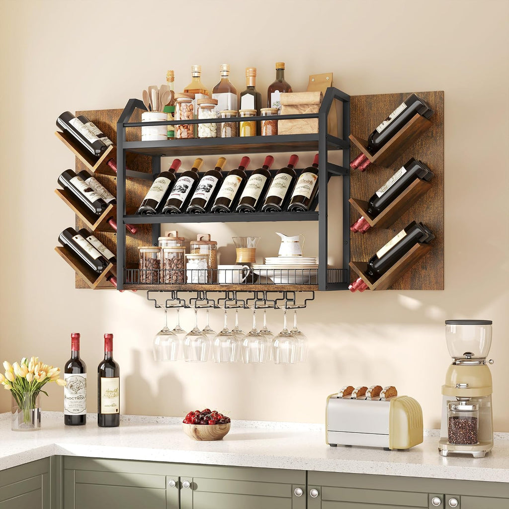 Hoctieon 48.6in Wall Mounted Wine Rack, 3 Tier Hanging Wine Racks with Glass Holder, Large Capacity Bar Shelves, Metal Wood Bottle Display Storage for Kitchen, Home Bar, Dining Room, Rustic Brown
