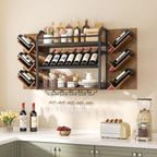 Hoctieon 48.6in Wall Mounted Wine Rack, 3 Tier Hanging Wine Racks with Glass Holder, Large Capacity Bar Shelves, Metal Wood Bottle Display Storage for Kitchen, Home Bar, Dining Room, Rustic Brown