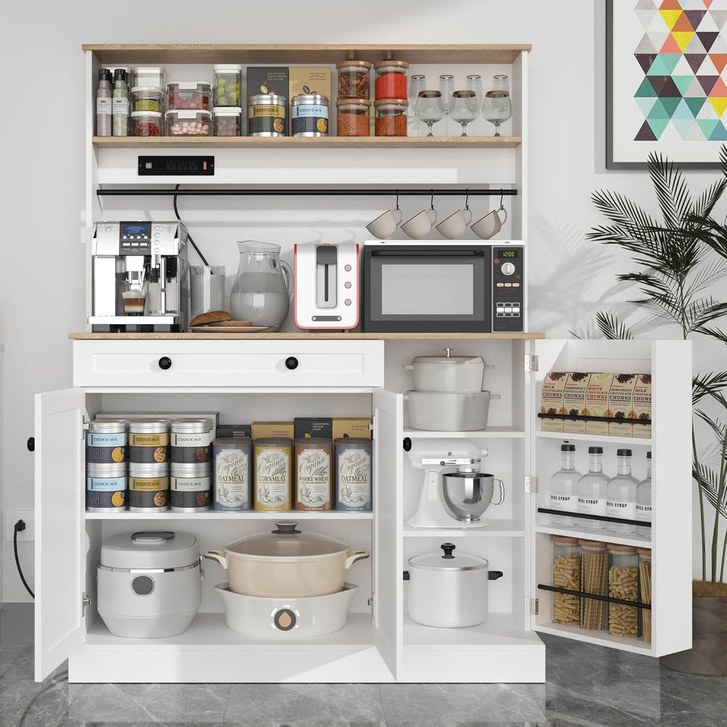 Pantry Cabinet with Charging Station,Kitchen Pantry Storage Cabinet with Microwave Stand,Freestanding Buffet Cabinet with Doors, Adjustable Shelves,Farmhouse Food Pantry for Living Room