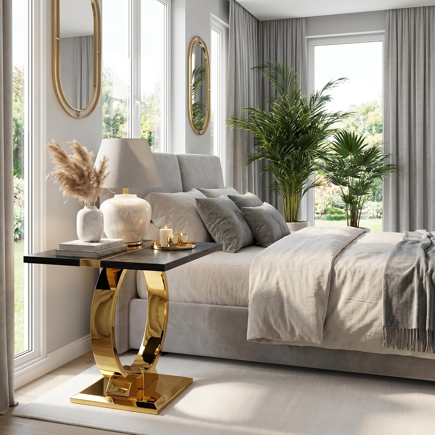 Asday 23” Wooden End Table Set of 2, Modern Luxury Square Side Table with Metal U Base for Living Room Bedroom Office, Black and Gold Nightstand Bedside Table Small Accent End Table
