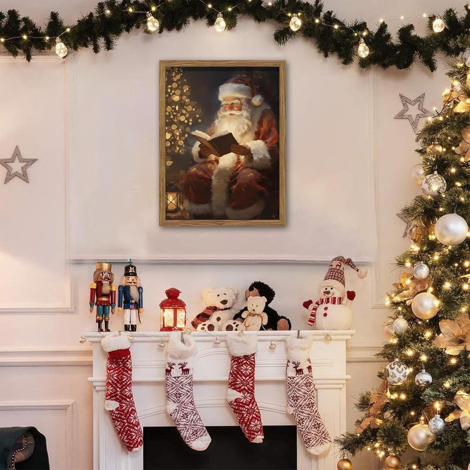 Framed Santa Christmas Wall Art, Vintage Santa Claus Reading Canvas Paintings, Christmas Print, Rustic Winter Holidays Decor, Farmhouse Christmas Pictures Wall Decor – 12x16in