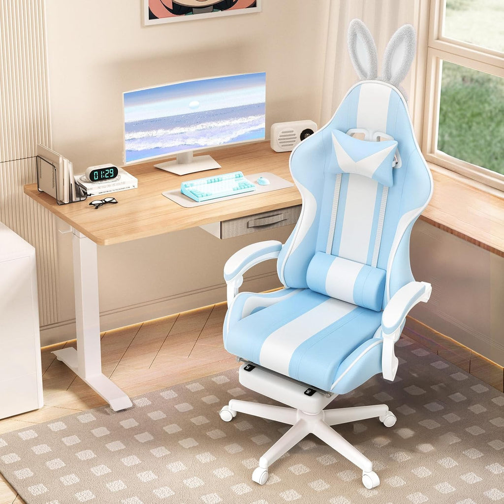 Ferghana Kawaii Bunny Ears Gaming Chair, Cute Gamer Chair with Footrest and Massage, Leather Ergonomic Computer Game Chairs for Girls Adults Teens Kids Light Blue