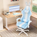 Ferghana Kawaii Bunny Ears Gaming Chair, Cute Gamer Chair with Footrest and Massage, Leather Ergonomic Computer Game Chairs for Girls Adults Teens Kids Light Blue